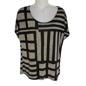 LAVISH Womens Top Blouse Black Gray Absract Stripe Stretch Short Sleeve Large
